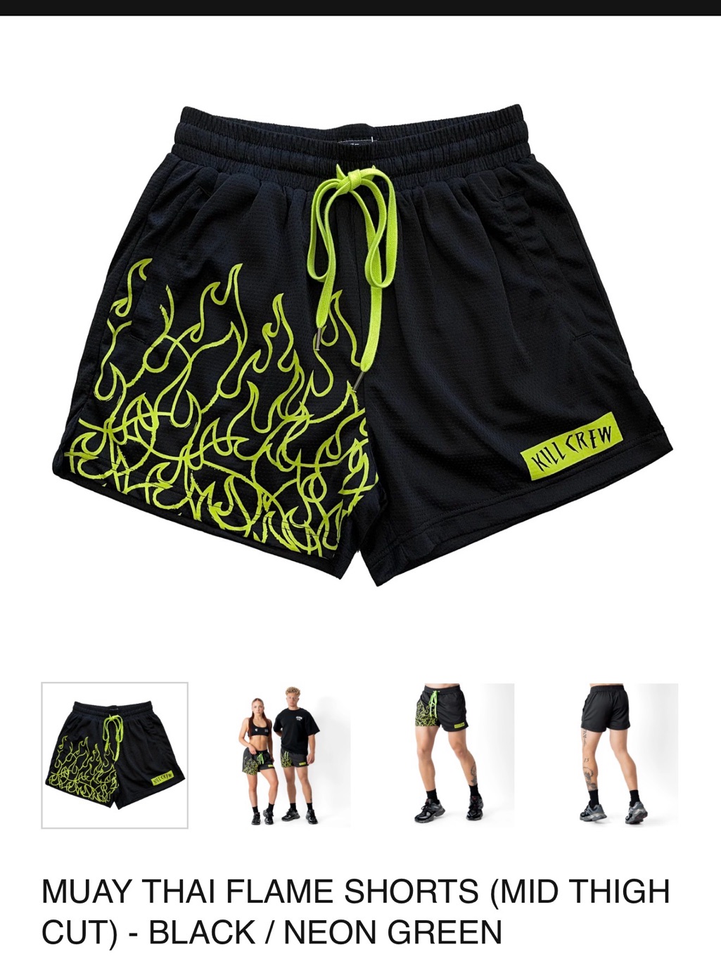 Kill Crew Muay Thai Flame Shorts (Mid Thigh Cut) - Black / Neon Green, Large — image 6 of 7